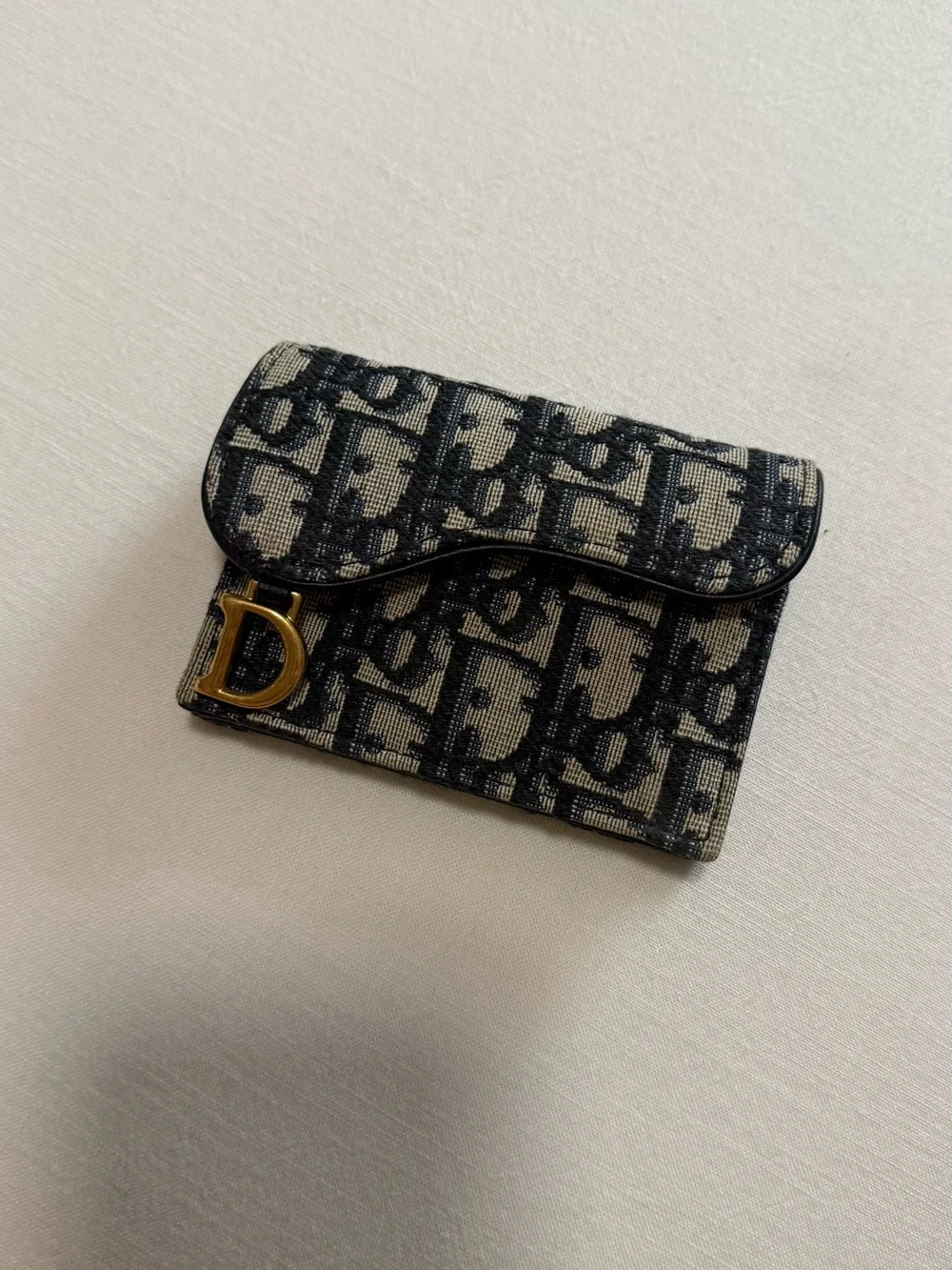 Dior Jacquard Card Holder in Black and Beige with Gold 'D' Accent